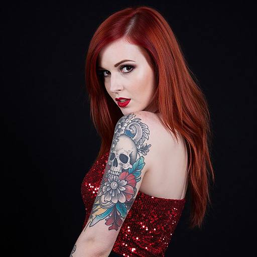 Red-haired Woman with Skull and Floral Tattoo in Sparkling Red Top
