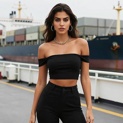 Busty Woman in Contemporary Black Off-the-Shoulder Crop Top and High-Waisted Pants by Dock