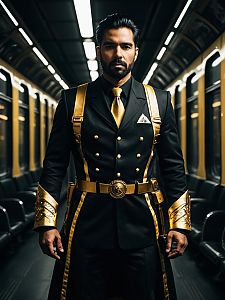 Man in Realistic Train Conductor Cosplay Costume Inside Subway Train