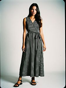 Woman Wearing Casual Chic Sleeveless Black and White Striped Maxi Dress