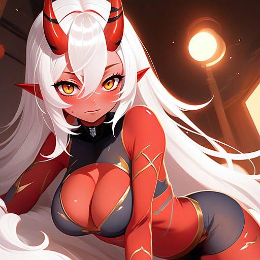 Anime Demon Girl with White Hair and Red Horns Digital Artwork