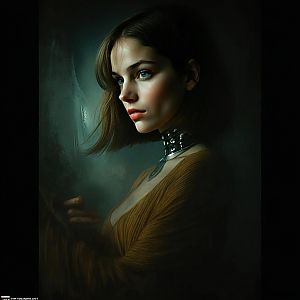 Portrait of Young Woman with Blue Eyes and Metallic Choker in Digital Art Style