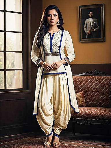 Elegant Woman in Traditional Cream Dhoti Suit with Navy Blue Accents