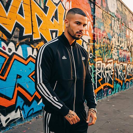 Urban Fashion Portrait of Man in Black Adidas Tracksuit with Graffiti Background