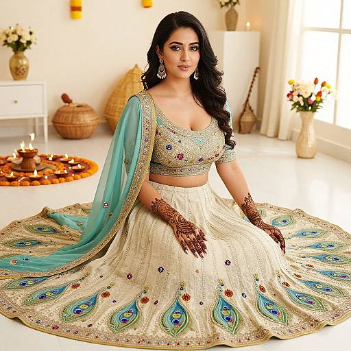 Woman Wearing Detailed Embroidered Peacock Motif Lehenga with Henna in Festive Setting