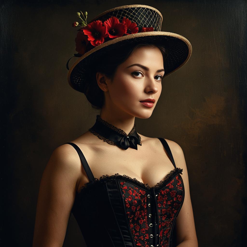 Vintage Style Portrait of Woman in Black Red Floral Corset with Flowered Straw Hat