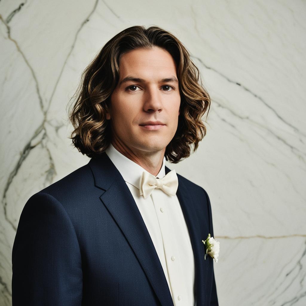 Portrait of Man in Navy Suit with White Bow Tie Against Marble Background