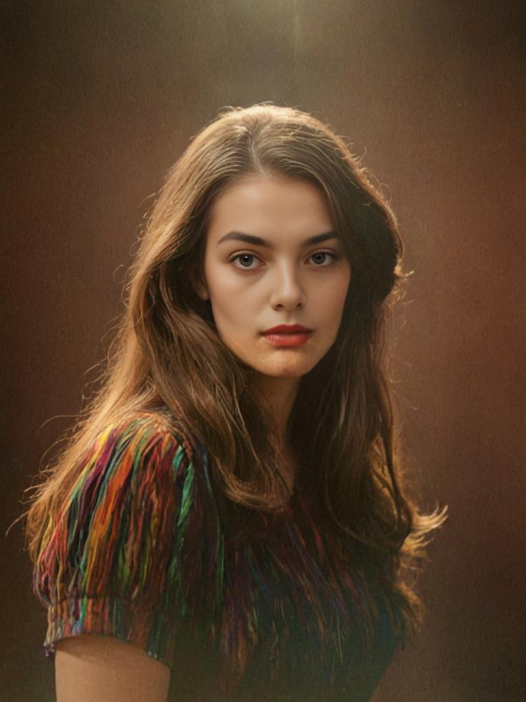 Woman in technicolor blouse with vintage backdrop