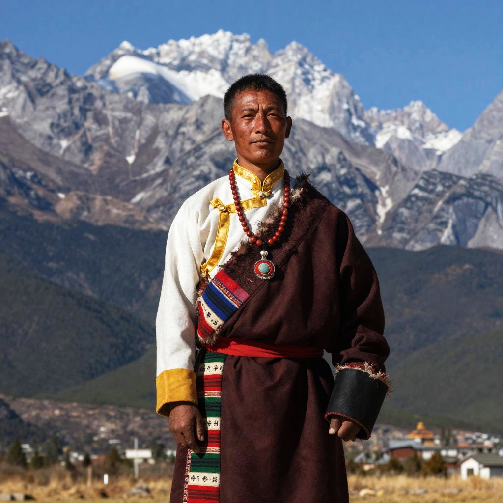 Traditional Tibetan Man in Mountain Landscape