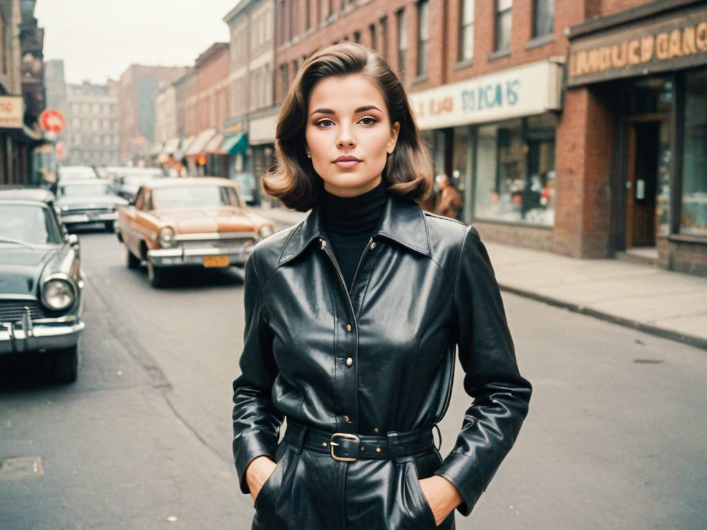 Confident Beauty in Stylish Leather Outfit on Bustling Street