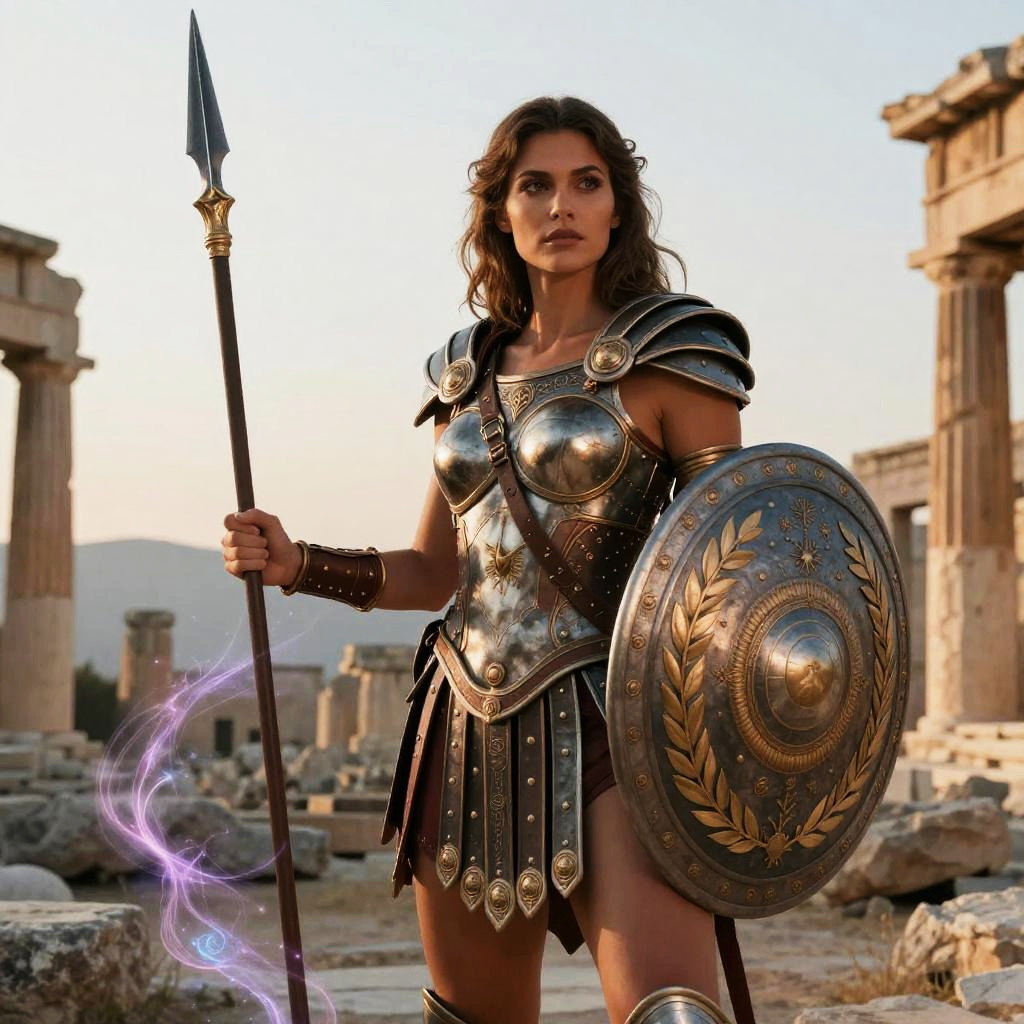 Ancient Greek Female Warrior with Spear and Shield in Ruins