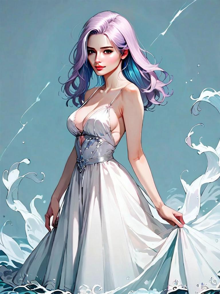 Realistic Digital Art of Woman in Flowing Backless Chiffon Dress