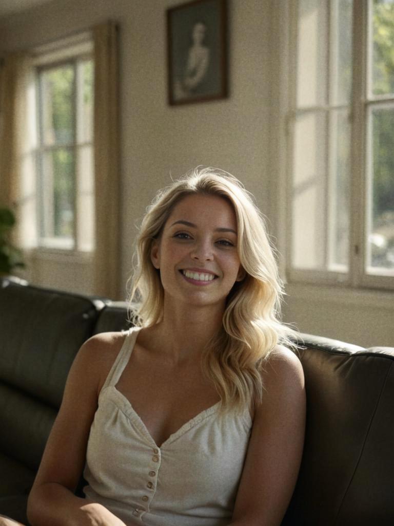 Joyful Woman on Sofa in Natural Light