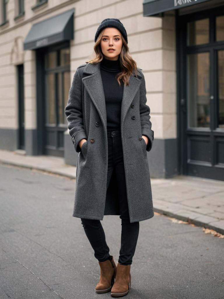 Stylish woman in gray overcoat and beanie on city street