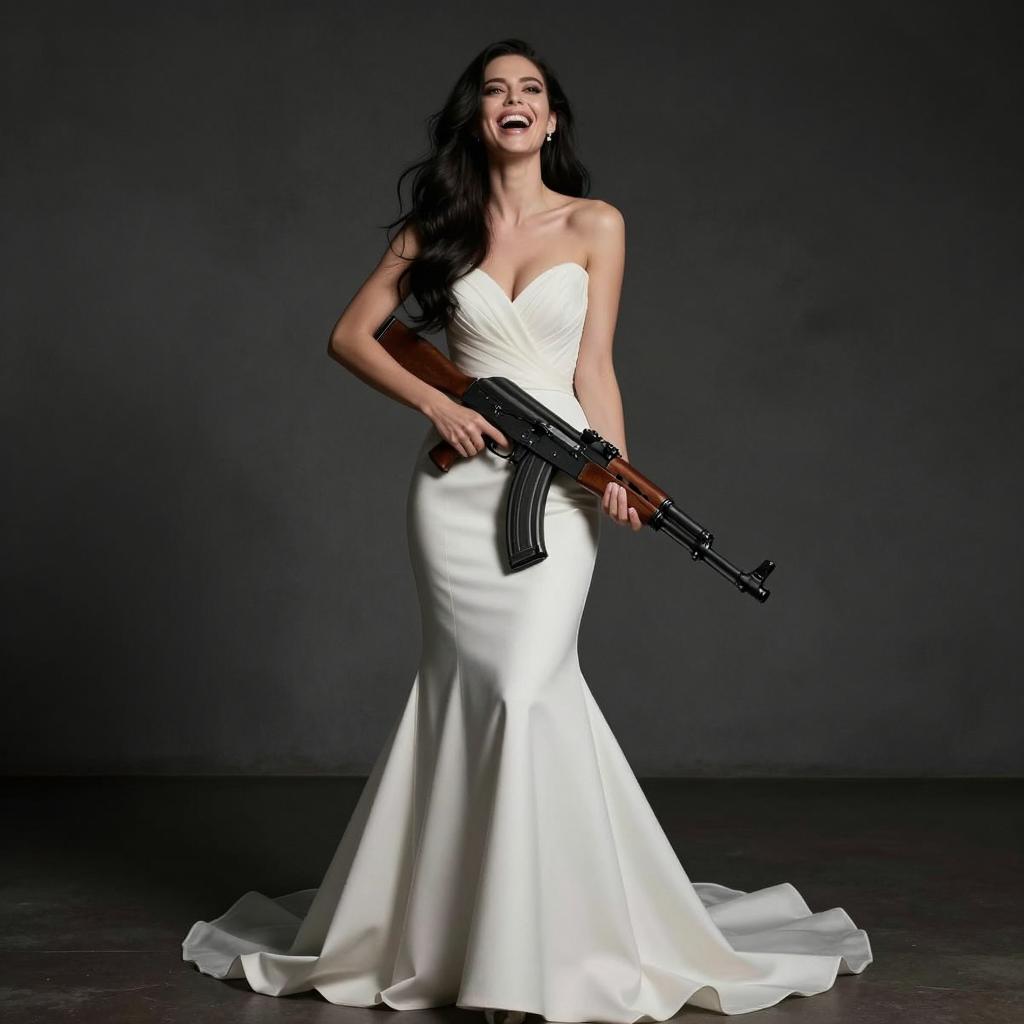 Confident Woman in Elegant White Dress Holding Rifle