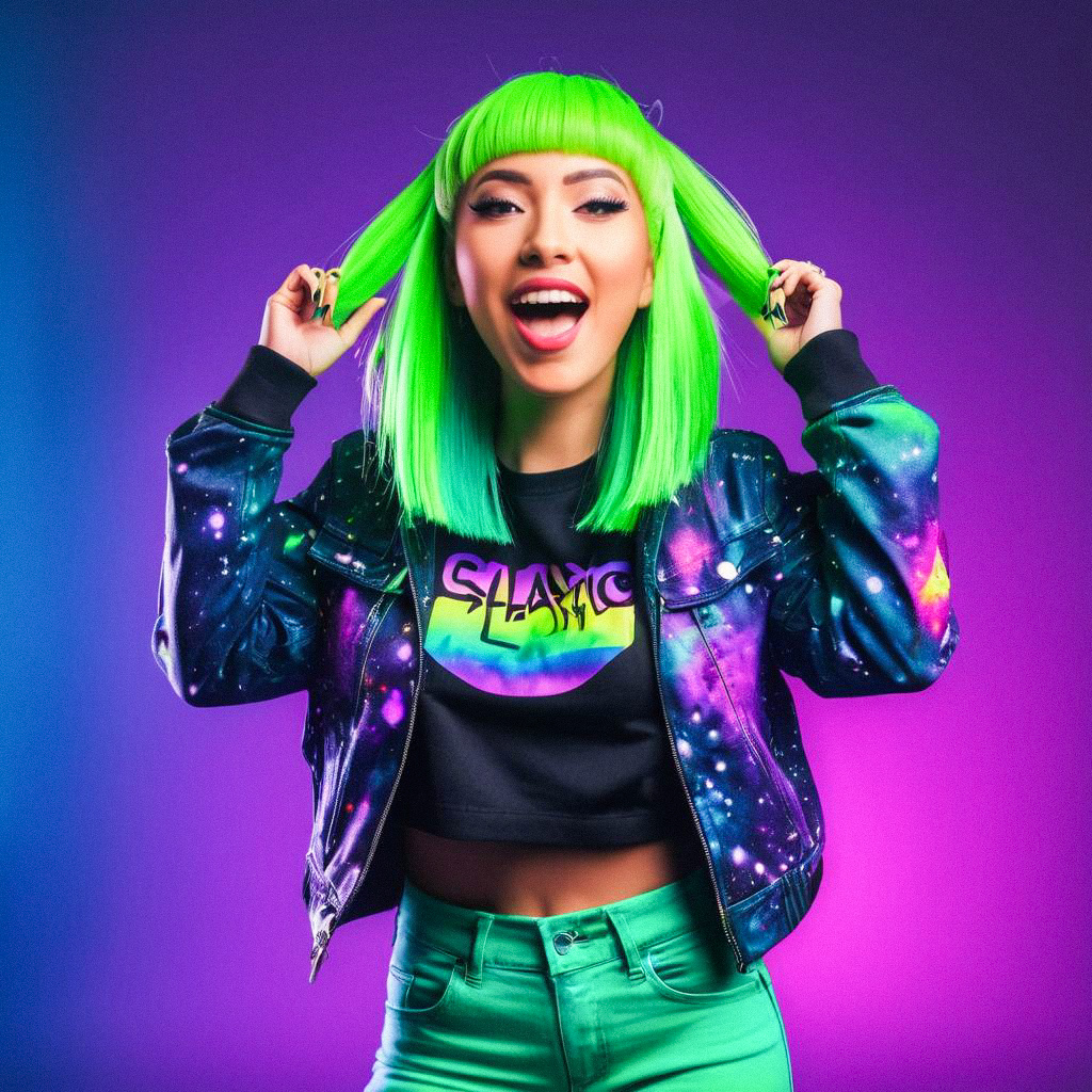 Vibrant Woman with Green Hair in Galaxy Jacket Vibrant Woman with Green Hair in Galaxy Jacket