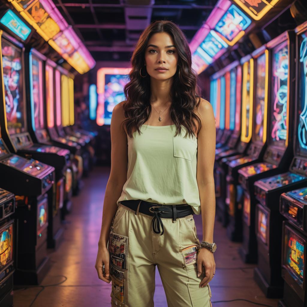 Woman in Retro Arcade with Neon Lighting and Game Machines