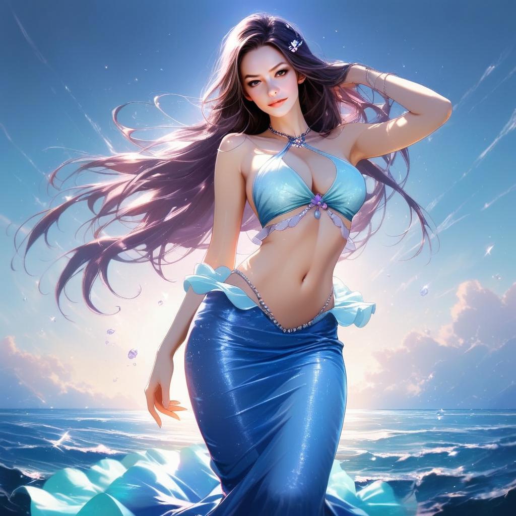 Woman with Purple Hair by Ocean in Blue Outfit Woman with Purple Hair by Ocean in Blue Outfit