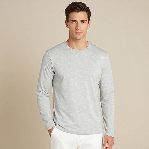 Male Model in Light Grey Long Sleeve Shirt and White Pants Minimalist Style
