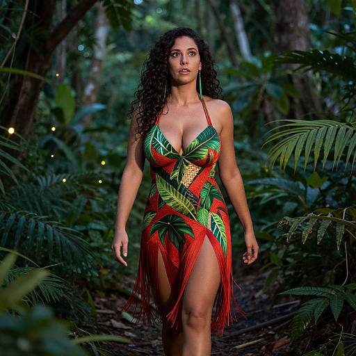 Woman in Vibrant Tropical Leaf-Patterned Dress in Lush Forest
