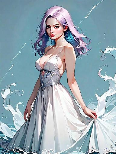 Realistic Digital Art of Woman in Flowing Backless Chiffon Dress