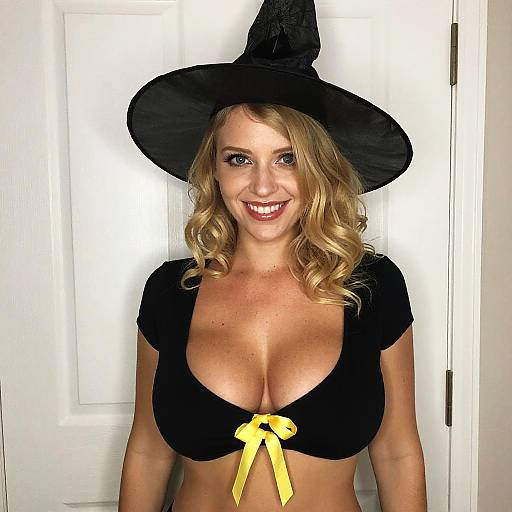 Young Woman in Black Witch Costume with Yellow Bow