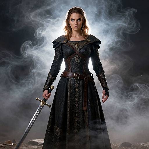 Medieval Woman Warrior in Detailed Armor Holding Sword Amidst Mist