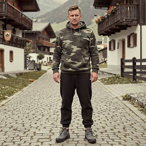 Man in Camo Hoodie and Joggers Standing on Cobblestone Village Street