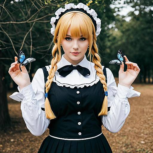 Woman in Festival Maid Outfit Holding Blue Butterflies Cosplay