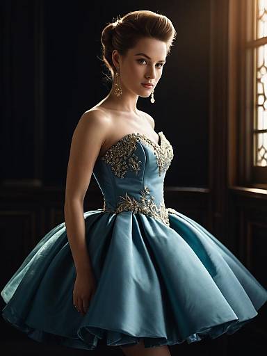 Elegant Woman in Mini Ball Gown Photorealistic Fashion Portrait