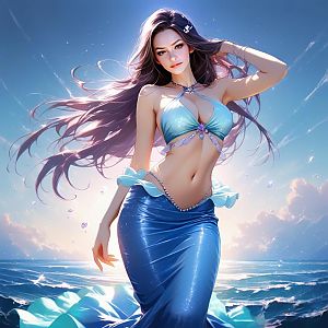 Woman with Purple Hair by Ocean in Blue Outfit