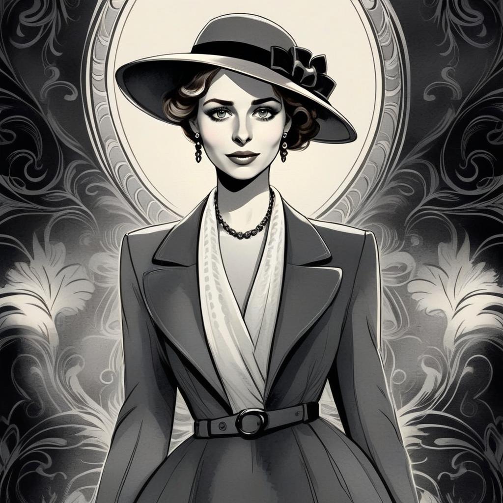 Elegant Vintage Woman in Monochrome Illustration