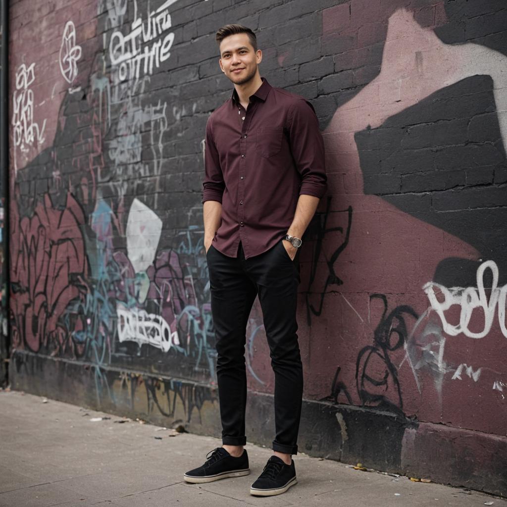 Stylish Man in Maroon Shirt Against Graffiti Wall