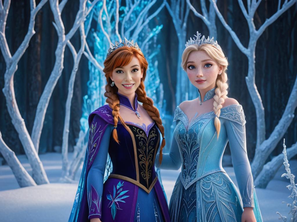 Animated Sisters in Enchanted Frozen Landscape