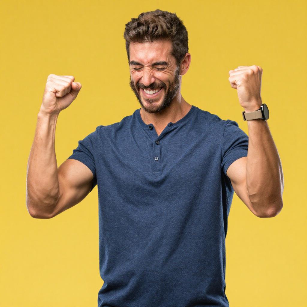 Happy Young Man Celebrating with Raised Fists on Yellow Background