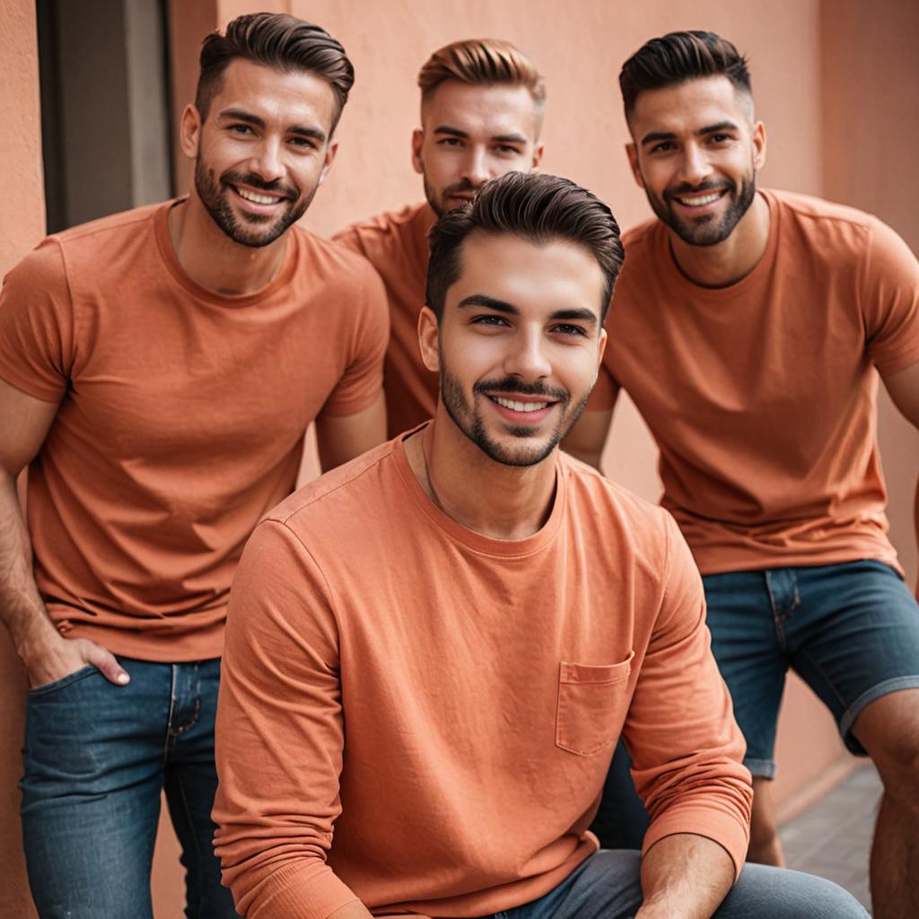 Four Happy Male Friends in Salmon Shirts