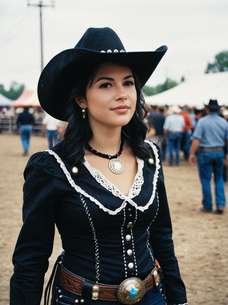 Woman in Black Cowgirl Costume at Rodeo Festival Candid Portrait Woman in Black Cowgirl Costume at Rodeo Festival Candid Portrait