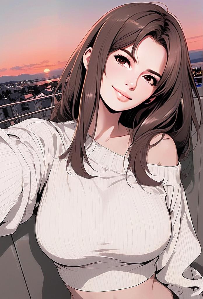 Anime Woman Selfie on Balcony at Sunset Illustration
