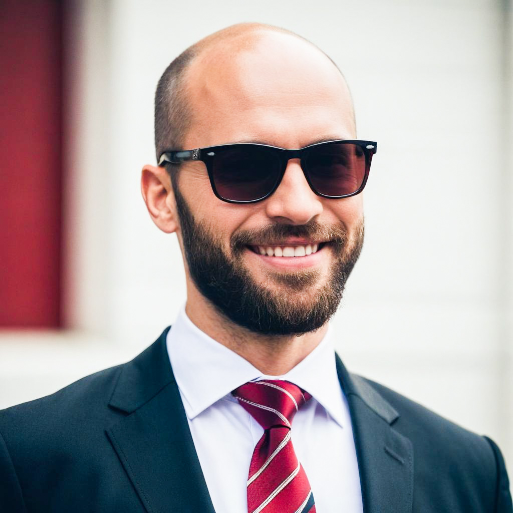 Confident Bald Man in Suit with Sunglasses Confident Bald Man in Suit with Sunglasses