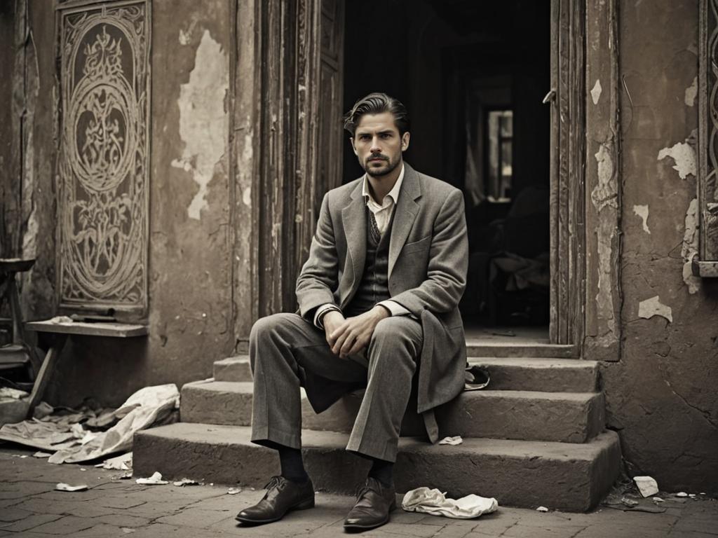 Contemplative man in sharp suit on weathered steps