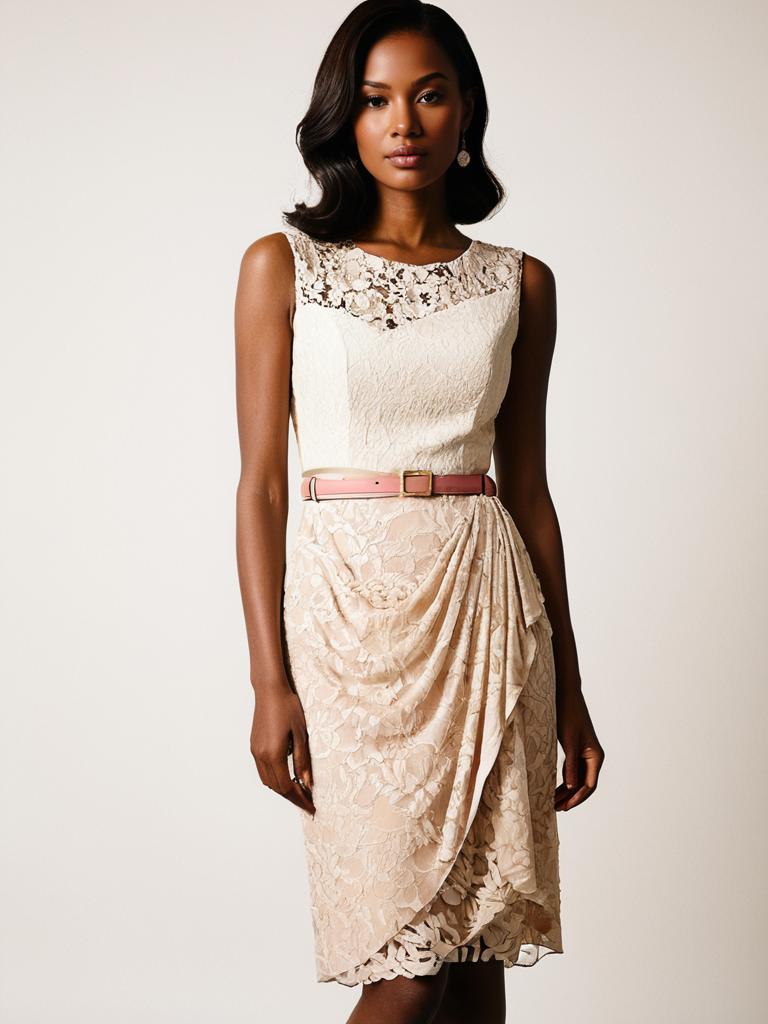 Contemporary Feminine Beige Lace Overlay Dress Sleeveless on Woman
