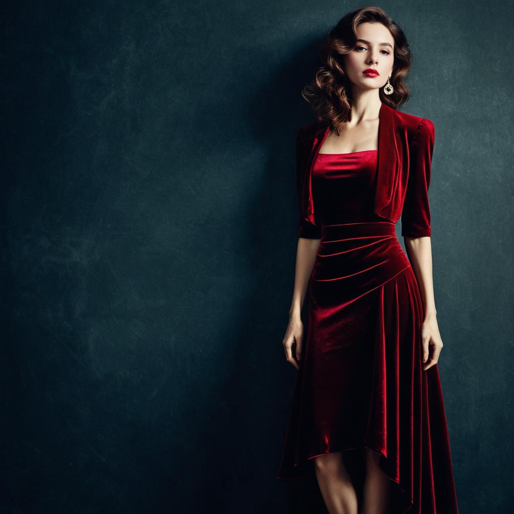 Elegant Woman in Vintage Red Velvet Dress Posing Against Dark Background