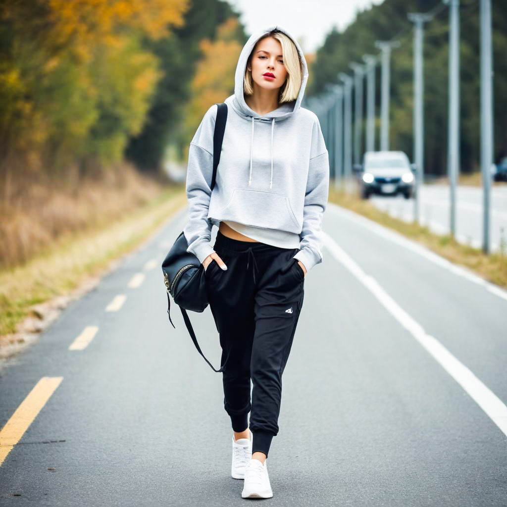 Young woman in gray hoodie walking on empty road