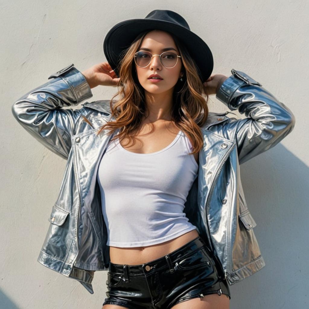 Stylish Woman in Metallic Jacket and Retro Sunglasses