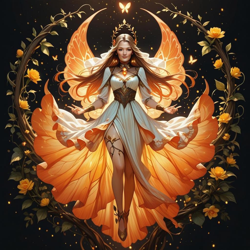 Radiant Woman in Flowing Garments with Butterfly Wings Radiant Woman in Flowing Garments with Butterfly Wings