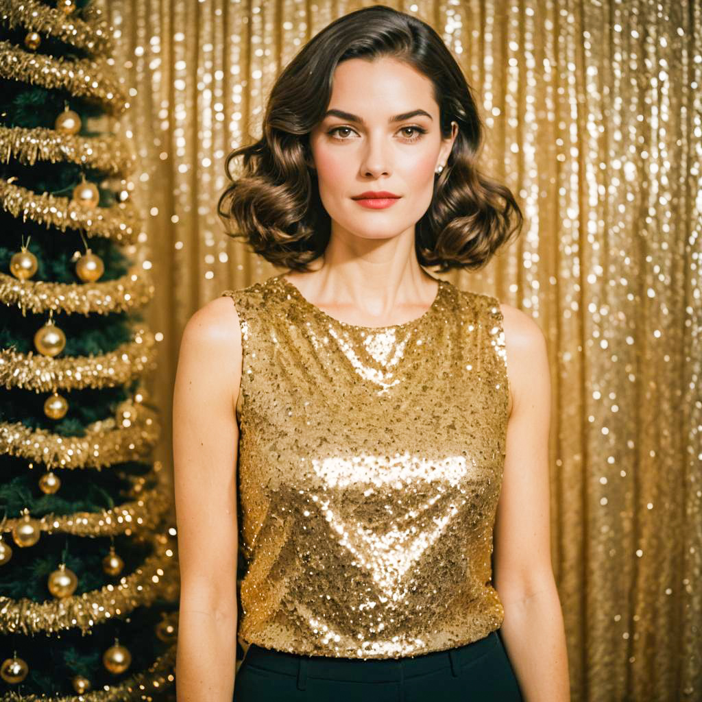 Elegant Woman in Gold Sequin Top with Festive Christmas Background