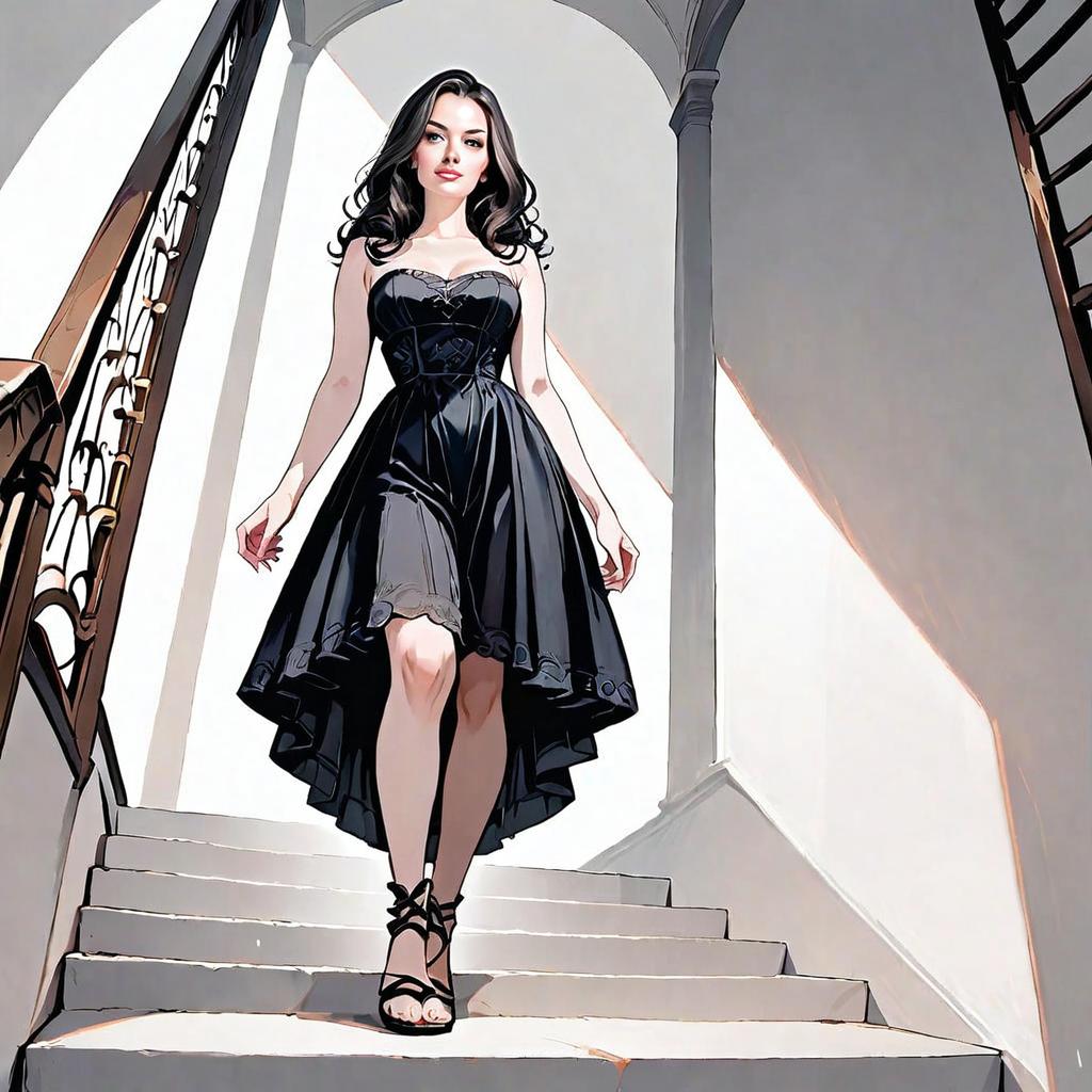 Elegant Woman in Black Dress Descending Staircase Digital Illustration