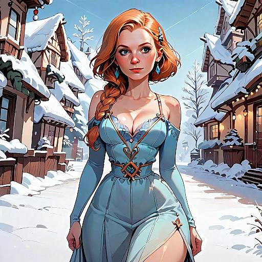 Digital Art of Red-Haired Woman in Blue Fantasy Dress in Snowy Village