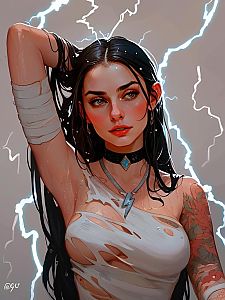 Confident Woman with Black Hair and Green Eyes