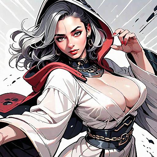 Confident Woman in Red Hooded Cape Digital Anime-Style Artwork